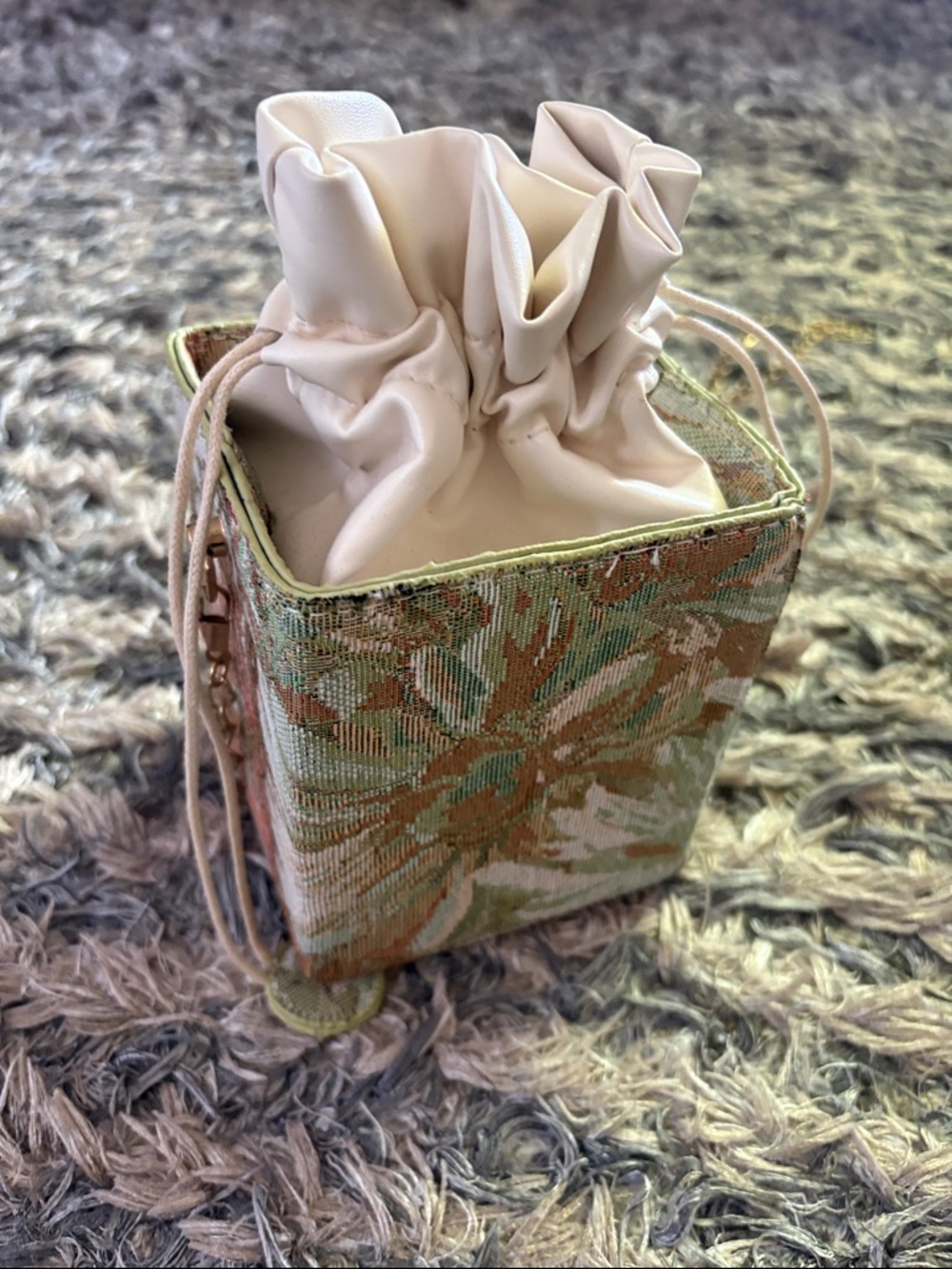 New Floral Tapestry Drawstring Mini Box Bag in Cream Brown and Green - Picture 3 of 12